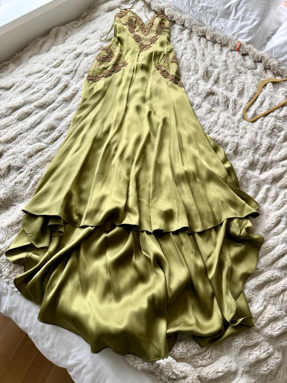 Vintage Nicole Miller Olive Satin V-Neck Prom Gown with Embroidered Trim